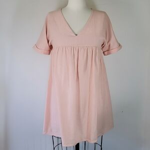 Yibock Size S Dress Babydoll Pink Short Sleeve Linen Cotton Lined Empire Mini